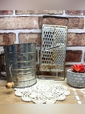 Vintage 3 Cup Measuring Flour Sifter and metal "ALL IN ONE" cheese grater flat